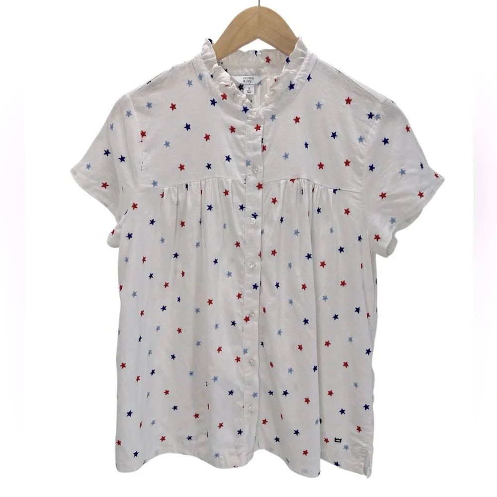 Crown & Ivy Embroidered Star Blouse Patriotic Red White Blue Linen Blend Top S - Picture 3 of 13